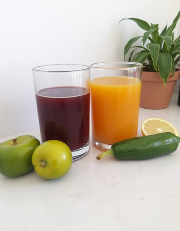 Fruit and vegetable juices in a glass with fresh fruits and vegetablesの写真素材