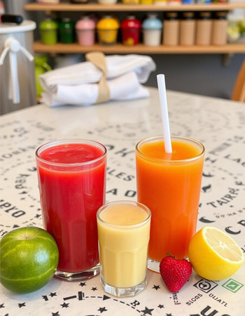 Glasses of fresh fruit juices on the table in the kitchen.の写真素材