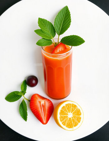 Glass of fresh juice with strawberries, lemon and mint on a black backgroundの写真素材