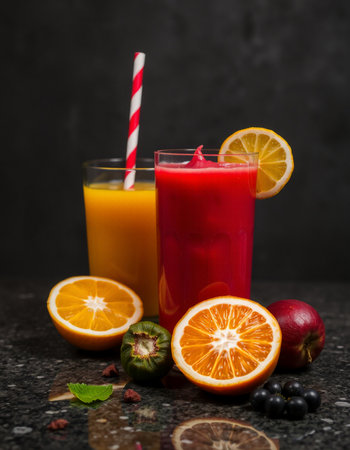 Freshly squeezed juice in a glass and fresh fruits on a dark backgroundの写真素材