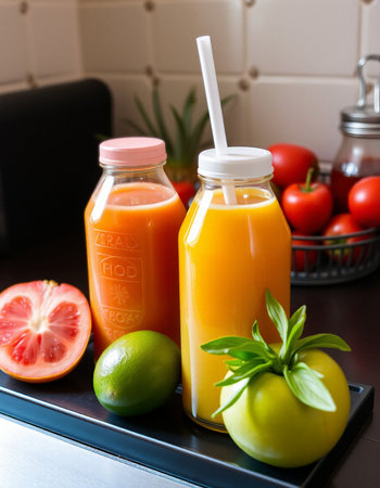 Freshly squeezed juice in a bottle with a straw and ingredients on the table