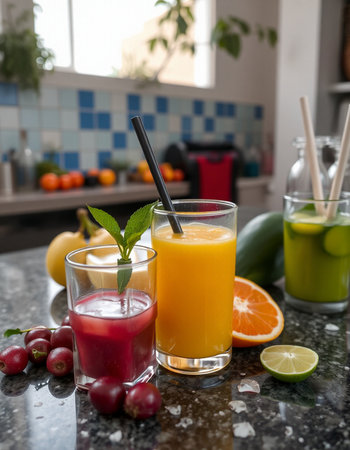 Glasses of fresh juice with fruits and vegetables on table in kitchenの写真素材