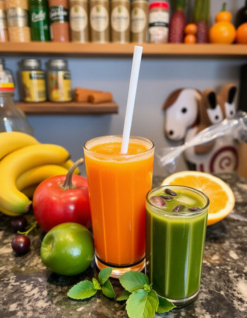 Healthy smoothie with fruits and vegetables on the table in the kitchenの写真素材
