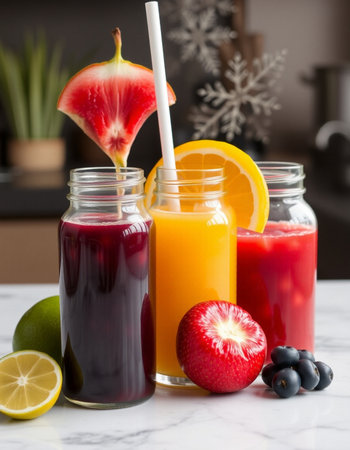 Fresh fruit juices in glass jars on white marble table, selective focus