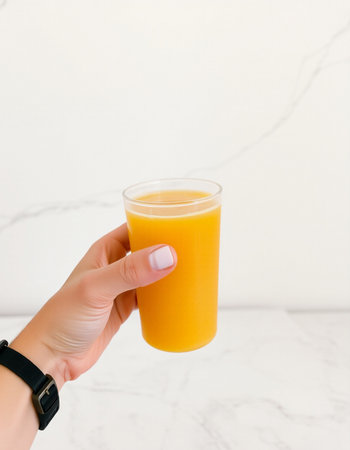Female hand holding a glass of orange juice on a white marble backgroundの写真素材