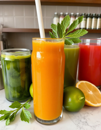 Glasses of fresh juice with celery, lime and parsleyの写真素材