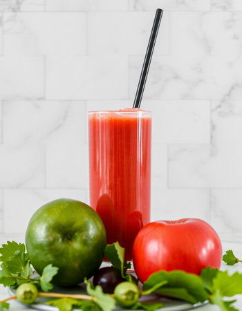 Tomato juice with celery and celeryle background.の写真素材