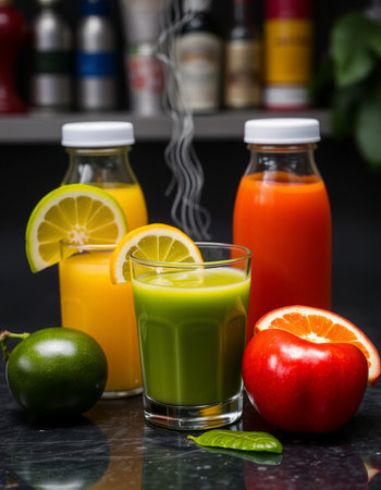 Juice in bottles and fresh fruits on a black background, verticalの写真素材