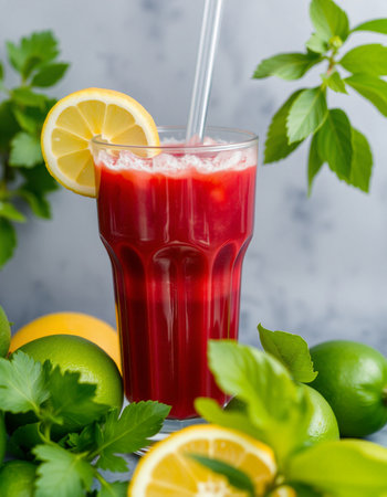 Fresh juice with lemon, lime and parsley on a gray backgroundの写真素材