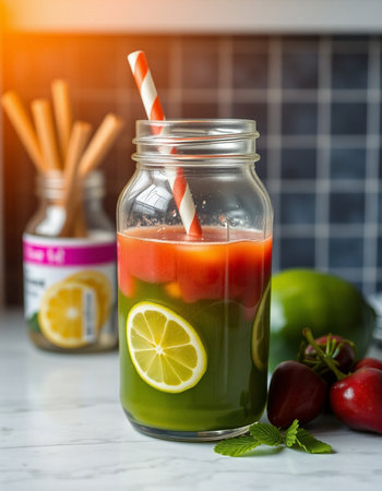 Fresh smoothie with celery, apple and lime in glass jarの写真素材