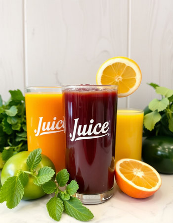 Glasses of freshly squeezed juice and ingredients on a white marble tableの写真素材
