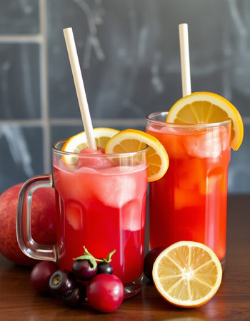 Refreshing summer lemonade with cranberries, cherries and lemonの写真素材