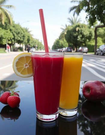 Two glasses of fresh juice with lemon and strawberries on the table.の写真素材