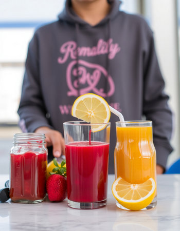 Fresh fruit juice in a glass on the table in the kitchen.の写真素材