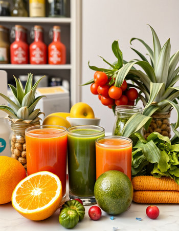 Fresh organic juices and smoothies in glass jars with fruits and vegetablesの写真素材
