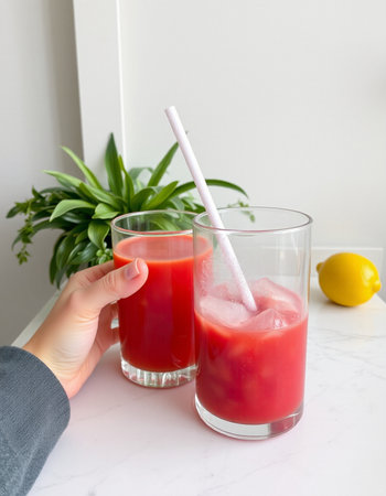 Two glasses of tomato juice with a straw in a woman's handの写真素材