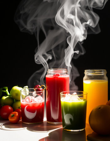 Glasses of fresh vegetable juices on a black background with smoke.