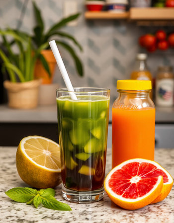Healthy detox smoothie in a glass with fresh fruits and vegetablesの写真素材