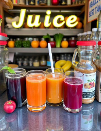 Juice in a glass on the counter of the store with fruits and vegetablesの写真素材