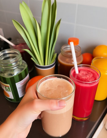 Woman's hand holding a glass of smoothie in the kitchen.の写真素材