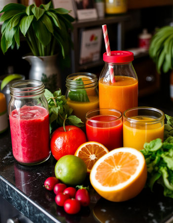 Variety of fresh juices in glass jars. Detox diet concept.の写真素材