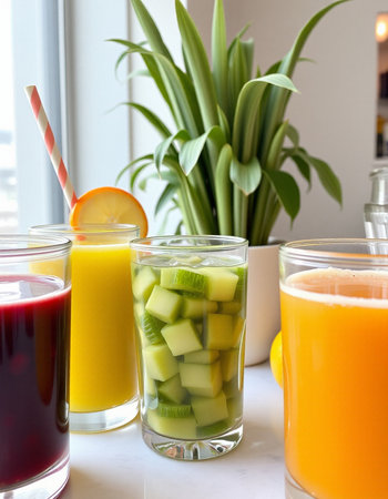 Fruit juice and smoothies in a glass with a straw.の写真素材