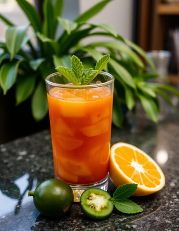 Fresh orange juice in a glass with mint and fruits on the table