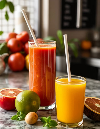 Freshly squeezed juice in a glass with straws and fresh fruits
