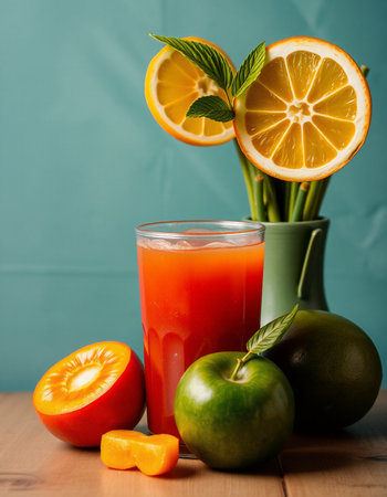 Glass of fresh juice and fruits on wooden table against turquoise background