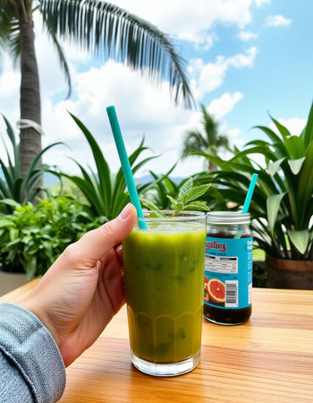 Matcha green tea in a glass. Matcha green tea is a popular drink in Malaysia.の写真素材