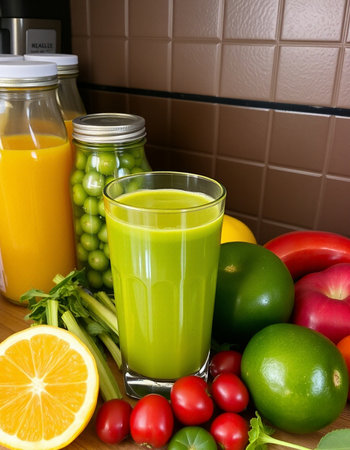 Fresh fruits and vegetable juices in a glass on the kitchen table.の写真素材