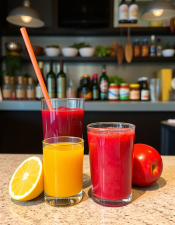 Glasses of fresh juice with fruits on table in the kitchen.の写真素材