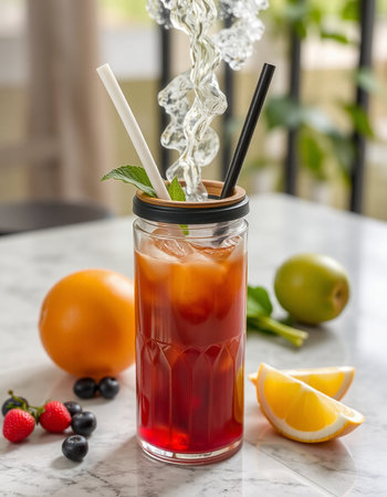 Refreshing summer cocktail with fresh berries, orange and ice cubesの写真素材