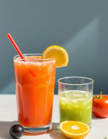 two glasses of fresh juices with fruits and vegetables on a gray backgroundの写真素材