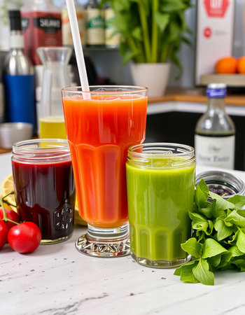 Glasses of fresh vegetable juices with basil and tomatoes on the tableの写真素材