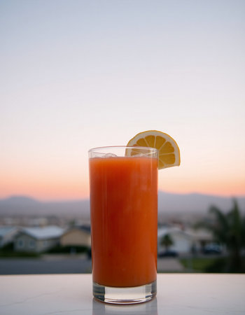 Glass of fresh orange juice with lemon slice on terrace at sunsetの写真素材
