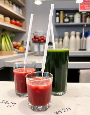 Vegetable juices in glasses with straws on table in supermarketの写真素材