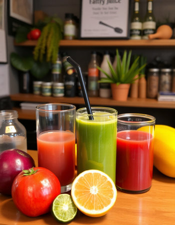 Glasses of fresh juice with fruits and vegetables in the background.の写真素材