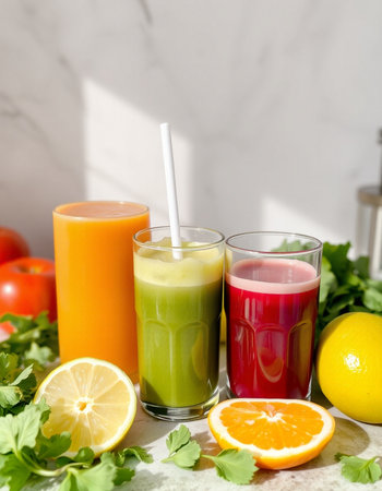 Glasses with fresh vegetable juices and ingredients on light background. Detox dietの写真素材