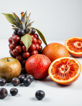 Fresh fruits on a white background. Orange, grape, apple, pomegranateの写真素材