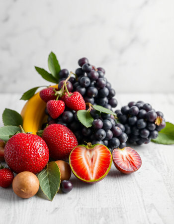 Fresh fruits and berries on a white wooden table, selective focus.の写真素材