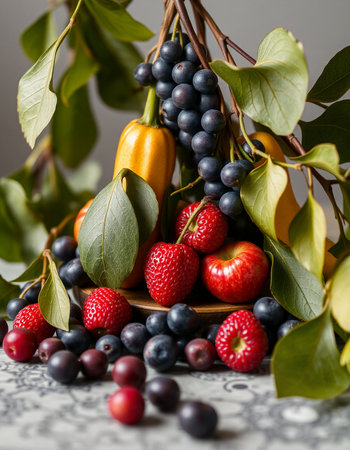 Still life with berries and leaves on the table. Selective focus.