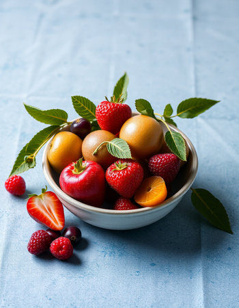 Mix of fresh fruits and berries in a bowl. Selective focus.の写真素材