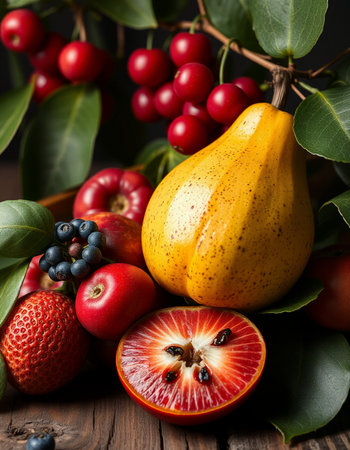 Fruits and berries on rustic wooden background. Selective focus.の写真素材