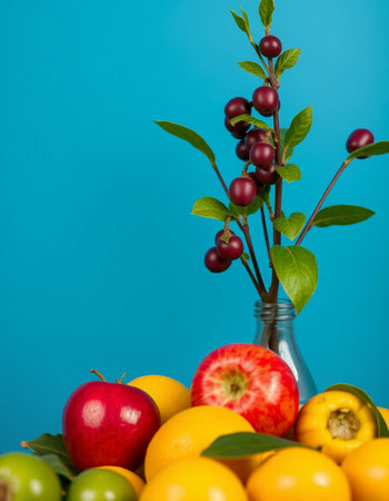 fruits in a vase on a blue background close-upの写真素材