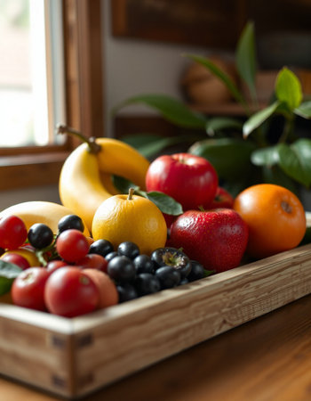 Fresh fruits in a wooden box on a wooden table. Selective focus.の写真素材