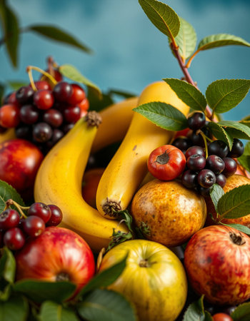 Fruits and berries in a basket. Healthy food concept. Selective focus.の写真素材