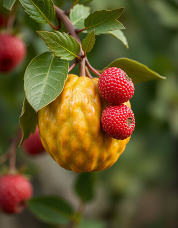 Raspberry fruit on the tree. Ripe fruits on the tree.