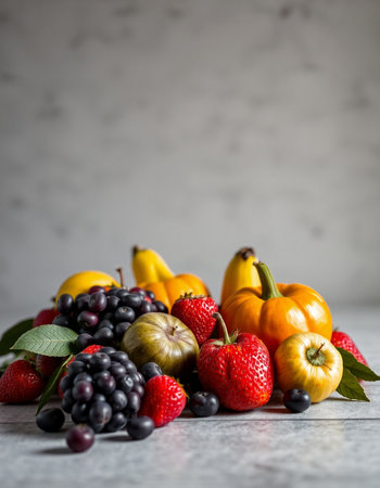 Assortment of fresh fruits and berries on grey background, selective focusの写真素材