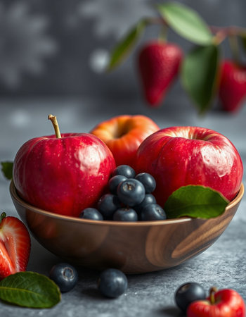 Red apples with blueberries and strawberries in a wooden bowl on a gray background